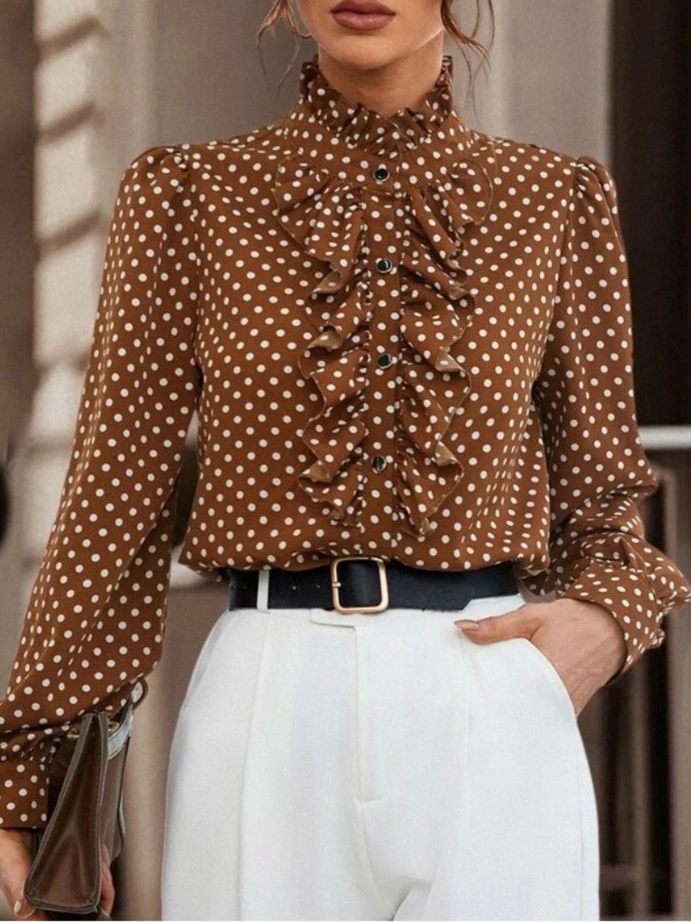 Polka Dot Ruffle Front Brown Blouse